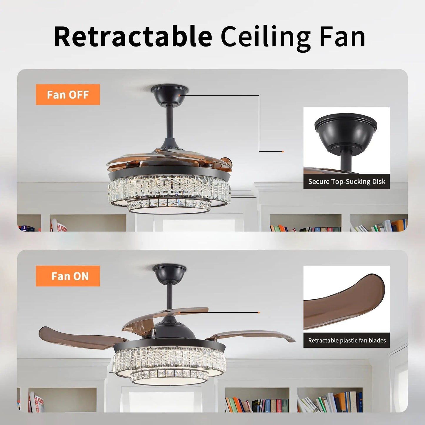 Modern LED Retractable Ceiling Fan With Remote, bronze finish, crystal light kit on Tampa Home & Garden Store