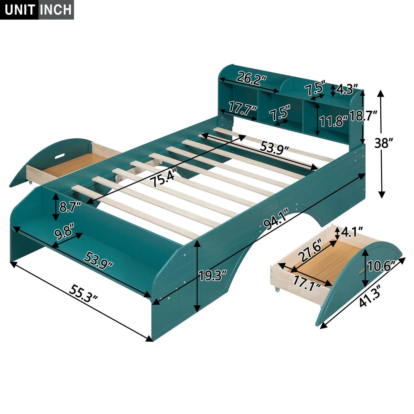 Wood full-size platform bed with storage drawers in teal; slatted base and headboard storage on Tampa Home & Garden Store