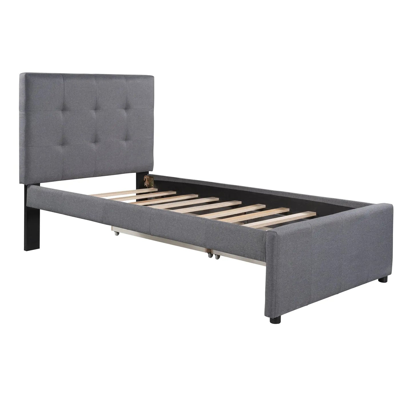 Twin linen upholstered platform bed headboard in gray fabric with tufted panels and slats on Tampa Home & Garden Store