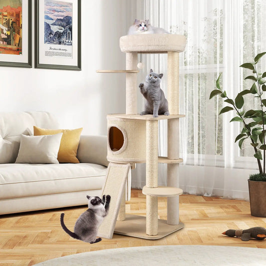 Beige 56-inch cat tree with sisal posts, birch construction and multiple levels on Tampa Home & Garden Store