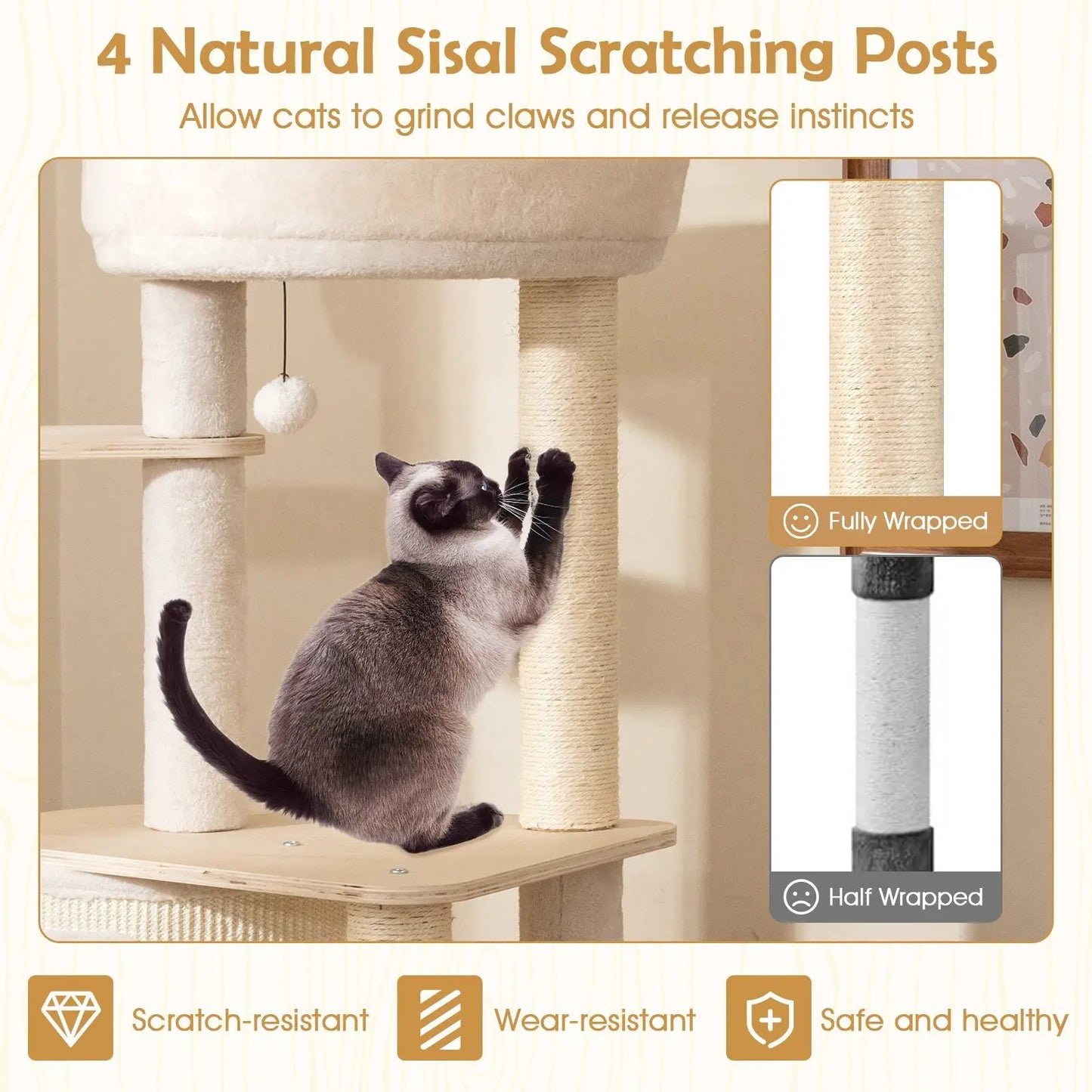 56 Inch Tall Cat Tree with birch base and natural sisal posts by DirectDeals on Tampa Home & Garden Store
