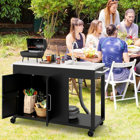 Outdoor grill table with sink and stainless steel top, 56-inch, DirectDeals, black on Tampa Home & Garden Store