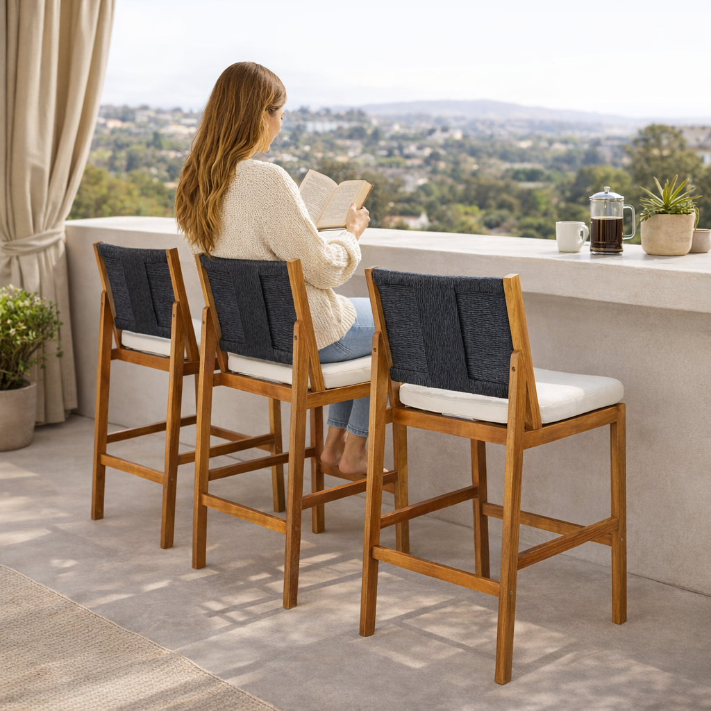 4-Piece Arly Black Outdoor Bar Stool Set with solid acacia wood frames and woven wicker backs on Tampa Home & Garden Store