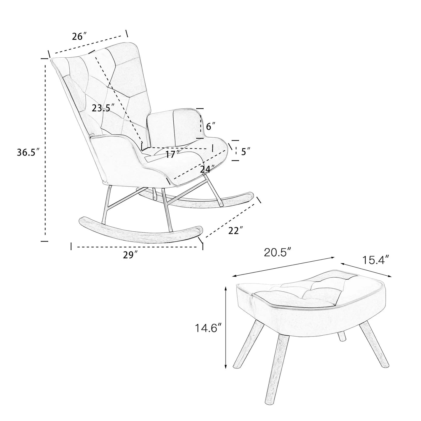 Mecedora con otomana, Mecedora de Tela de Mediados de Siglo con Patas de Madera y Lino Patchwork para Salón Dormitorio