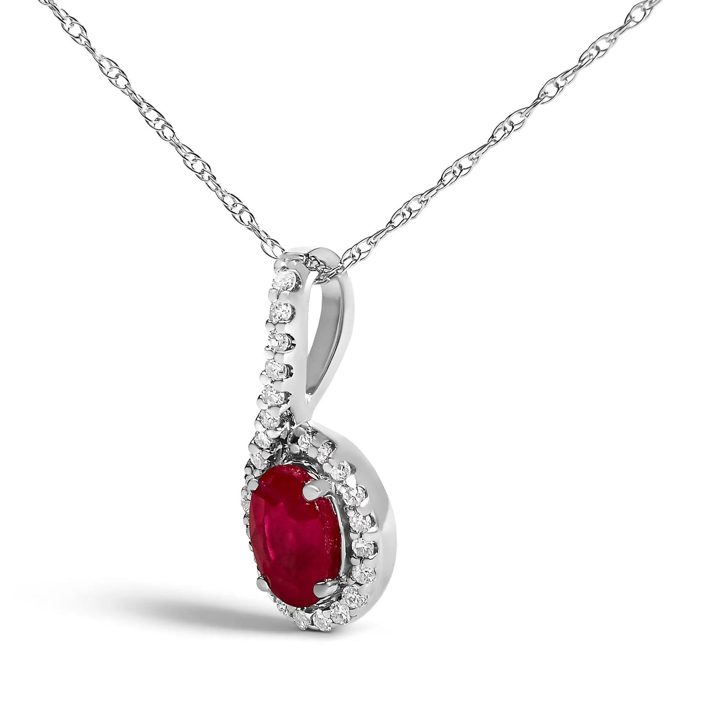 10K white gold ruby and diamond teardrop necklace with diamond halo on a silver chain on Tampa Home & Garden Store