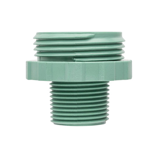 Three Quarter Inch MPT Transition Adapter Orbit Irrigation green plastic with ribbed threads on Tampa Home & Garden Store