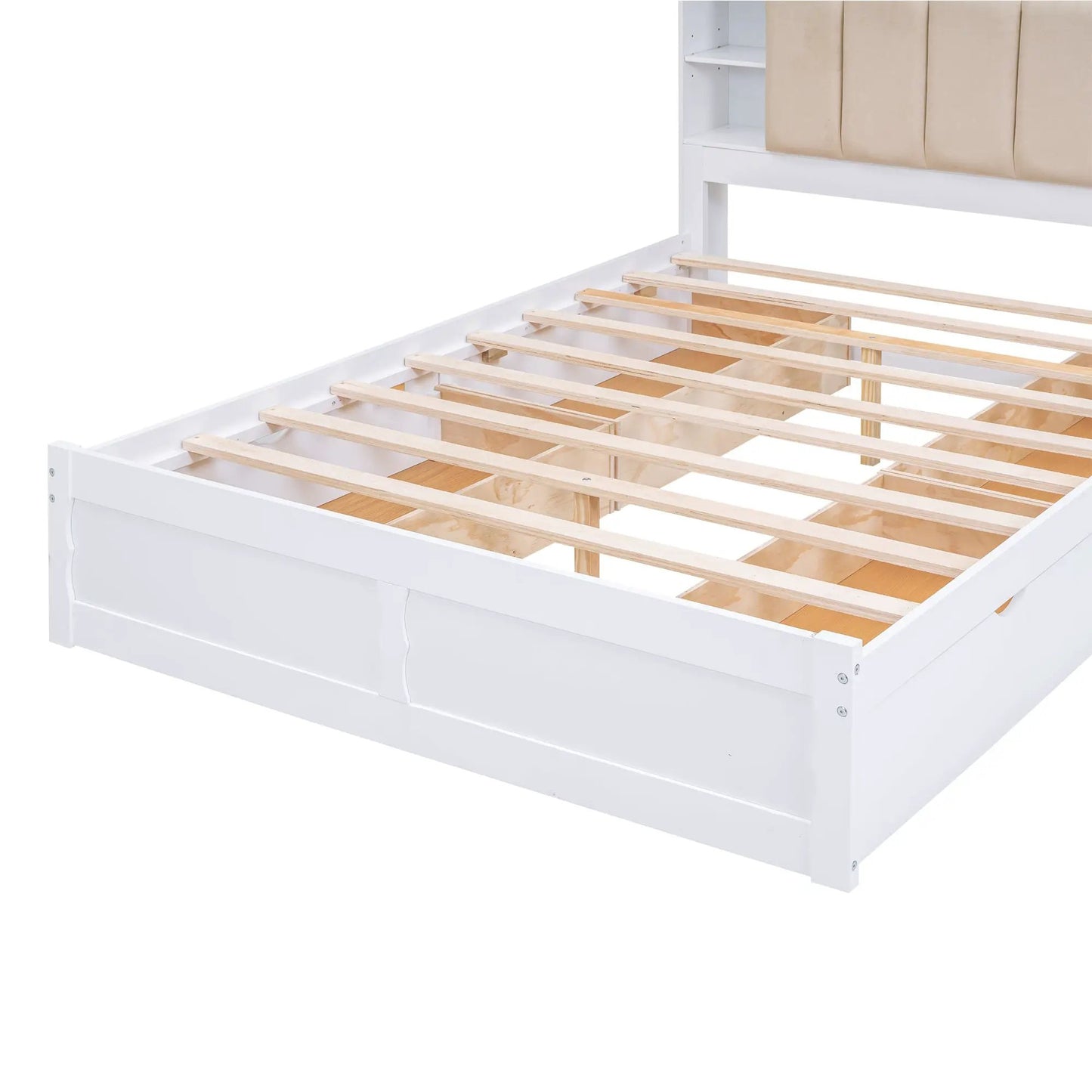 White wood queen bed with storage headboard and drawers, upholstered headboard panels on Tampa Home & Garden Store