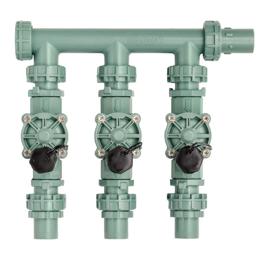Orbit 3-valve preassembled sprinkler manifold with PVC adapters, green plastic, 3 valves on Tampa Home & Garden Store