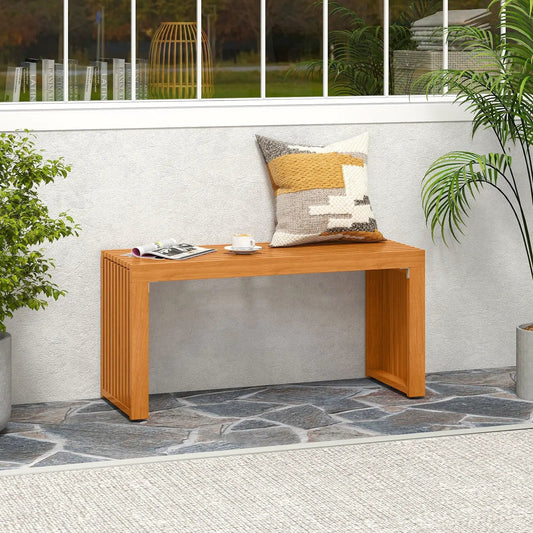 36-Inch all-slat acacia wood patio bench with a patterned beige gray mustard pillow on Tampa Home & Garden Store