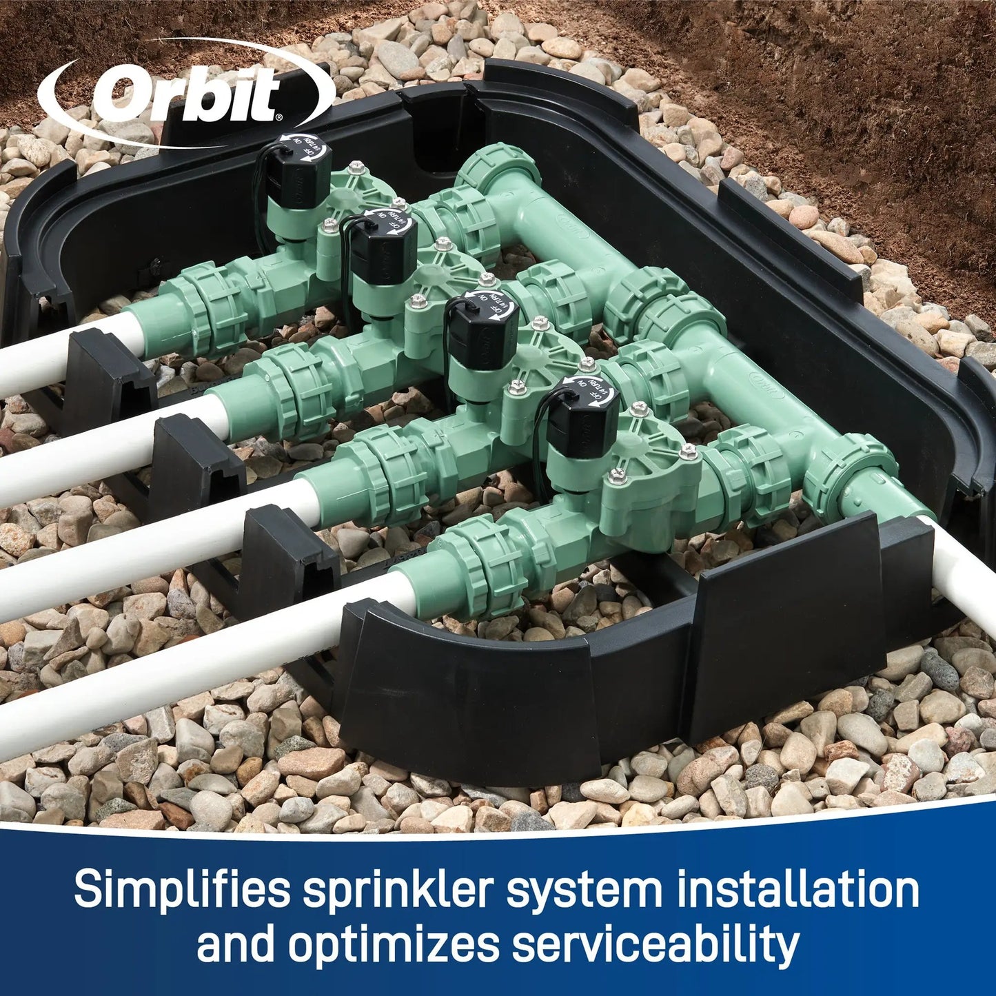 Orbit 2-valve sprinkler manifold with PVC adapters, green plastic in a black valve box on Tampa Home & Garden Store