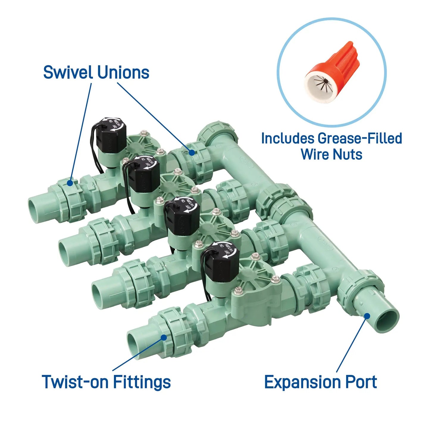 Orbit Irrigation 3-Valve Preassembled Manifold with PVC adapters, green valve manifold on Tampa Home & Garden Store