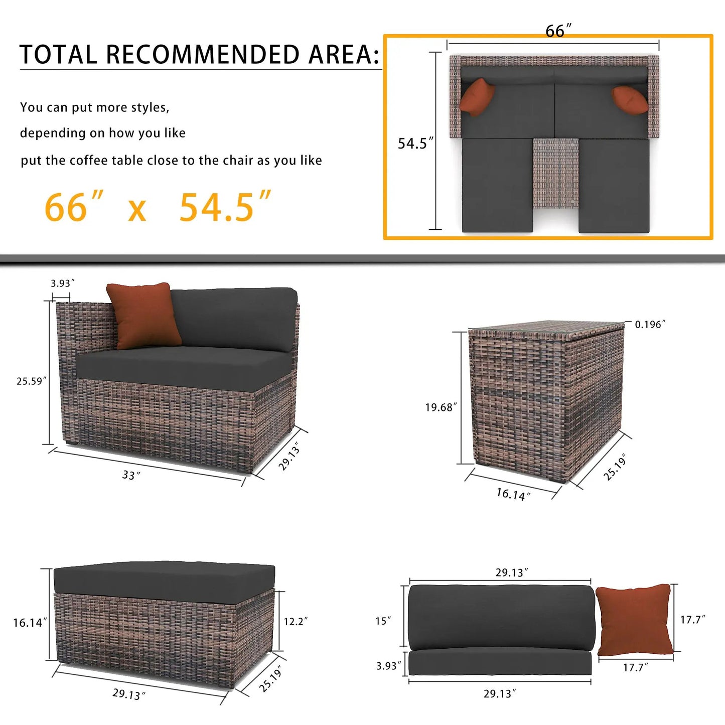 5-Piece Outdoor Brown Wicker Sectional Sofa Set with dark cushions and orange pillows on Tampa Home & Garden Store