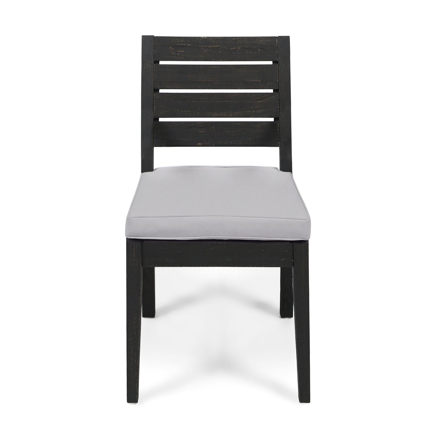 Outdoor dining chair dark acacia wood with light gray cushion and slatted back on Tampa Home & Garden Store