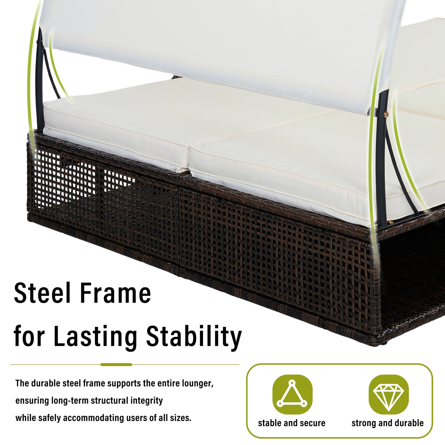 U_STYLE outdoor steel frame sun lounger with adjustable backrest, white cushions, wicker base on Tampa Home & Garden Store