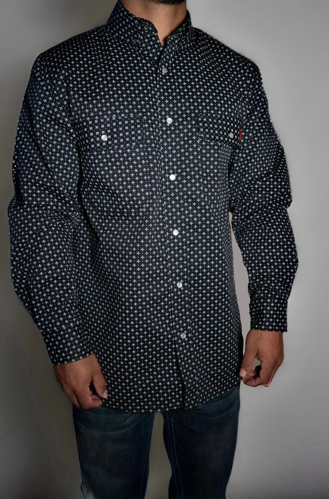 FR Pearl Snap Work Shirt Reaper Black Static FR with pearl snaps and white cross print on Tampa Home & Garden Store