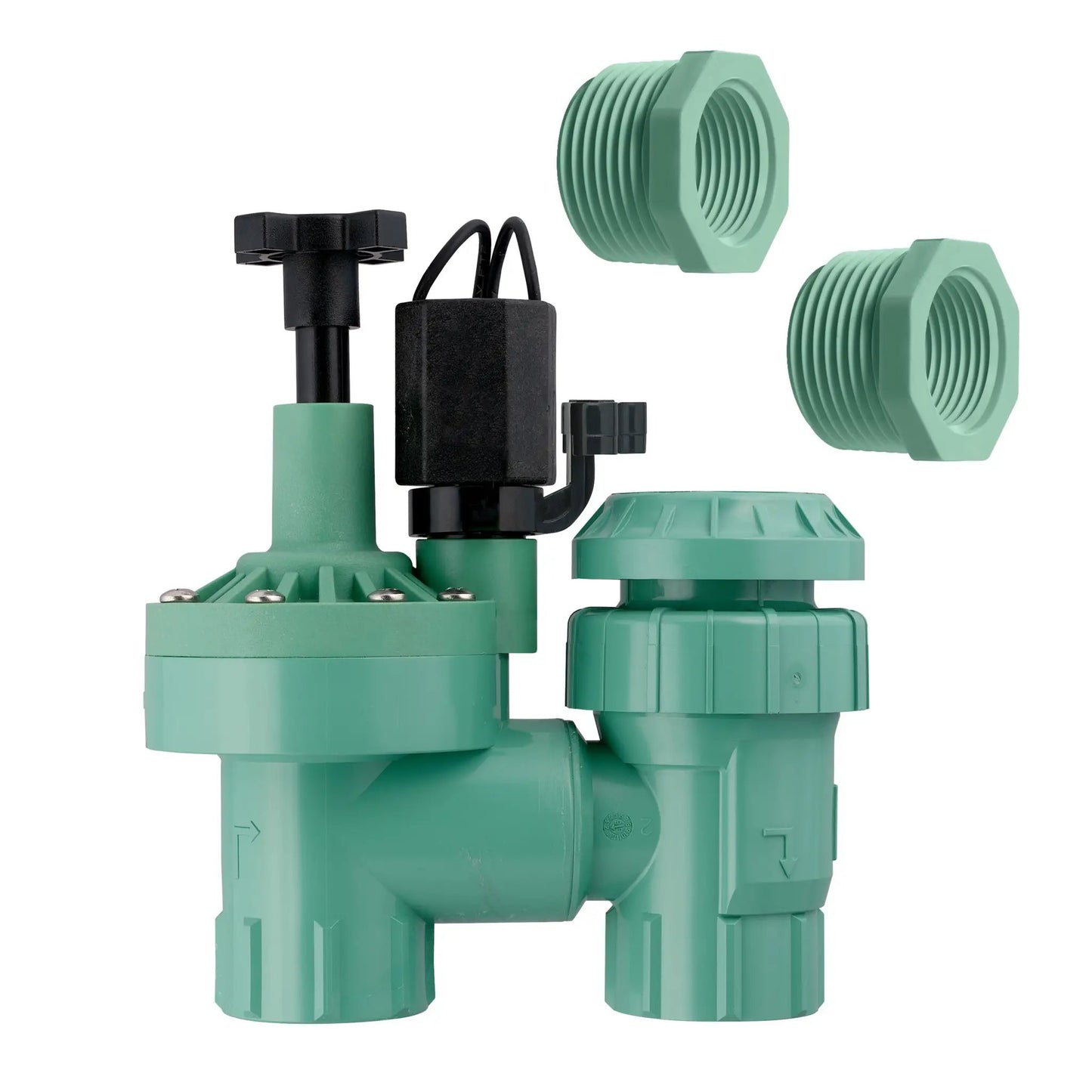 Orbit anti-siphon valve with flow control and reducer with pair of green fittings on Tampa Home & Garden Store
