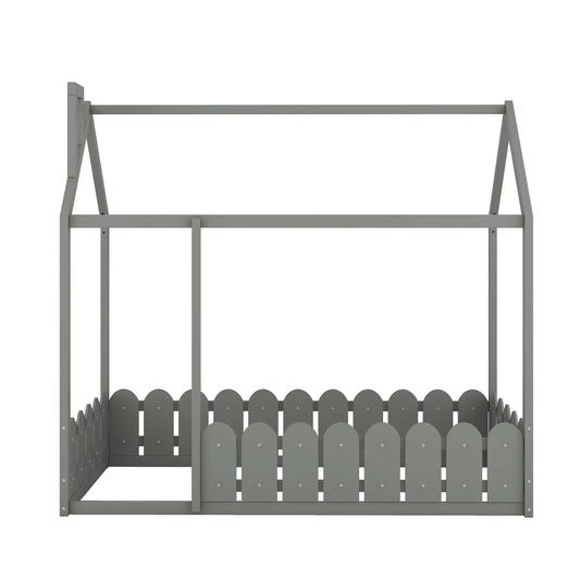 Twin size gray wood cabin bed frame with fence-style guard rails and rounded picket detailing on Tampa Home & Garden Store