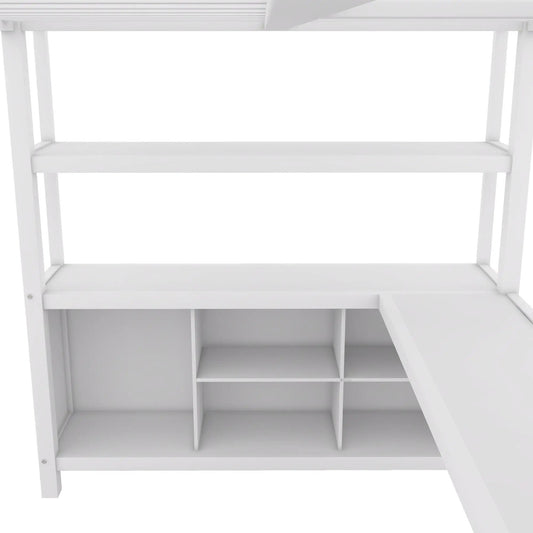 Metal loft bed with wardrobe and L-shaped desk in white, built-in open cubby storage on Tampa Home & Garden Store