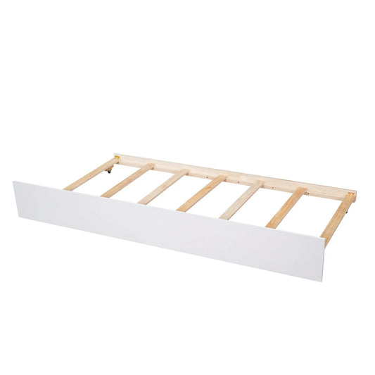Full platform bed frame in white with a white panel footboard and wood slat base on Tampa Home & Garden Store