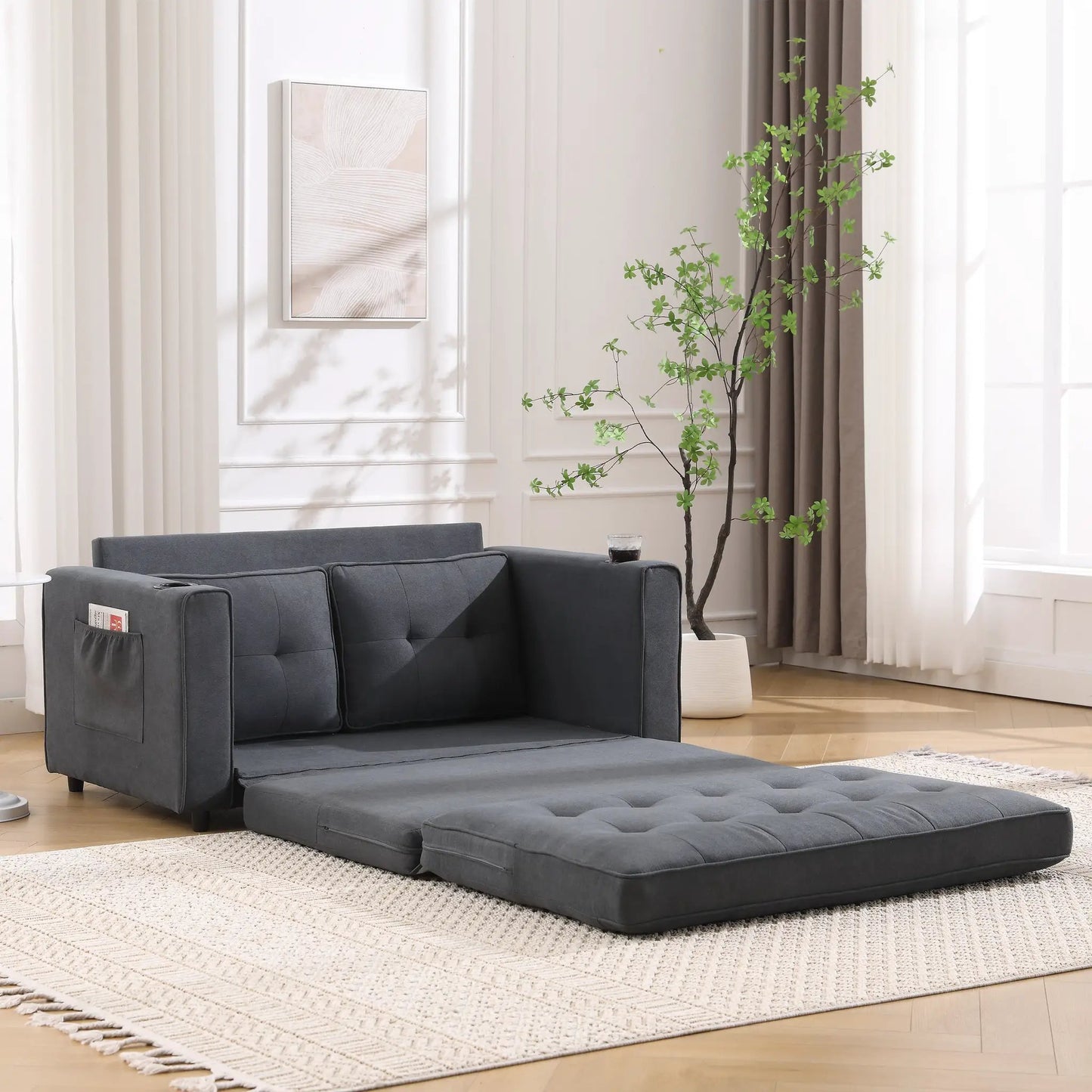 Canapé trois-en-un avec coussins moelleux, canapé-lit pliant avec matelas, poches latérales et porte-gobelet, gris foncé
