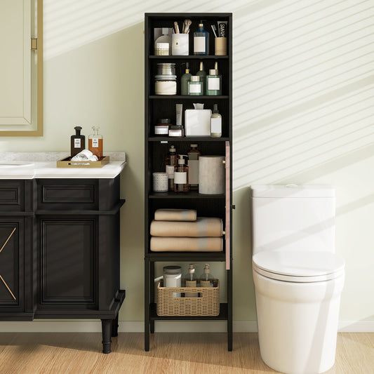 Mueble alto de baño de 57 pulgadas con 1 puerta y 4 estantes, unidad de almacenamiento estrecha - Negro