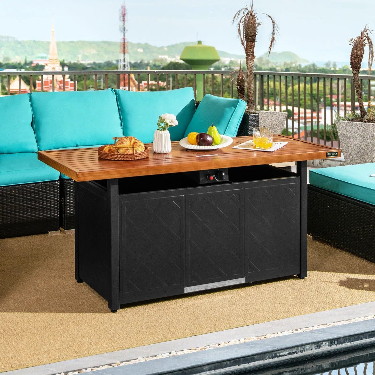 57-inch propane fire pit table with wooden slat top and teal cushions, 50,000 BTU DirectDeals on Tampa Home & Garden Store