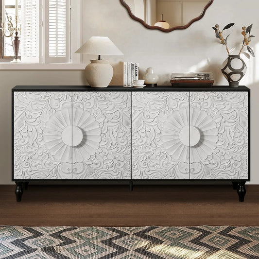 Vintage white faceted-door entertainment console with black frames and carved front panels on Tampa Home & Garden Store