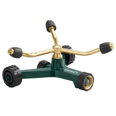 Brass 3-Arm adjustable sprinkler with wheel base Orbit Irrigation, green base on Tampa Home & Garden Store