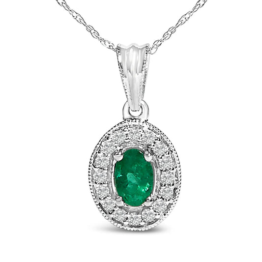 14K white gold emerald and diamond halo necklace with emerald center and pave diamonds on Tampa Home & Garden Store