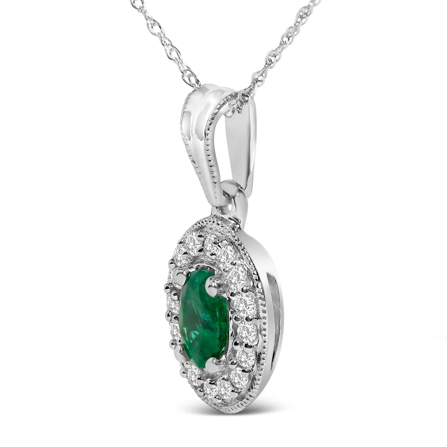 14K white gold emerald halo pendant necklace with diamond accents by Bids on Tampa Home and Garden Store