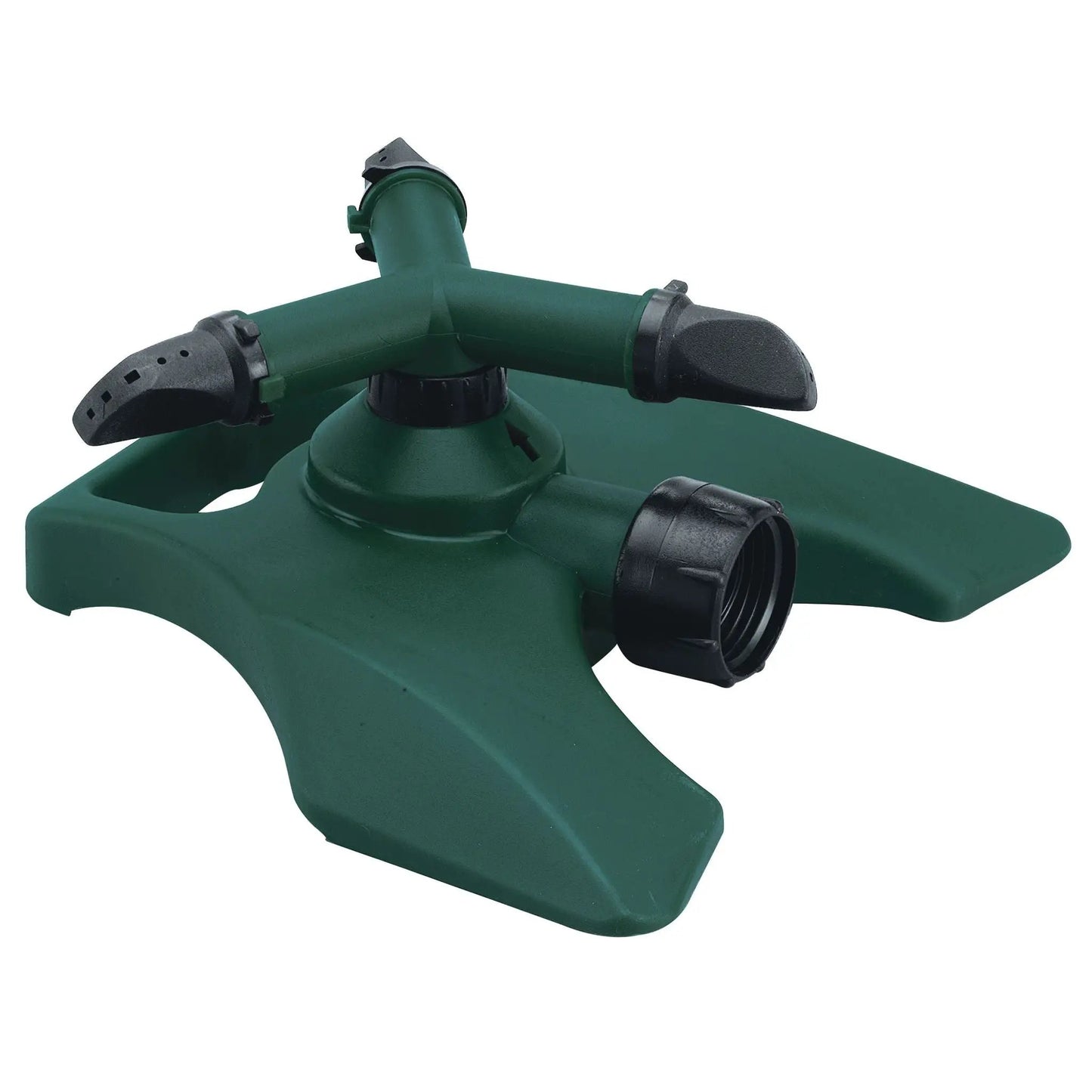 3-Arm plastic revolving sprinkler with base, green body and black nozzle arms on Tampa Home & Garden Store
