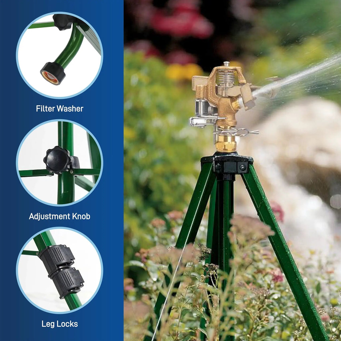 Orbit Irrigation half-inch brass impact sprinkler on tripod base for large area irrigation on Tampa Home & Garden Store