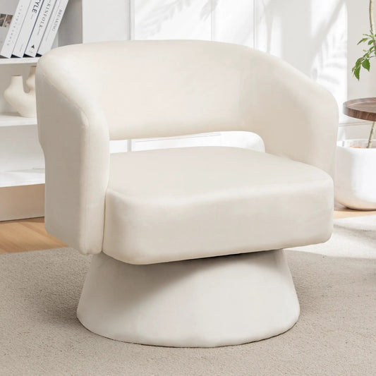 Velvet barrel swivel chair in cream with rounded arms, 360° swivel in bright living room on Tampa Home & Garden Store