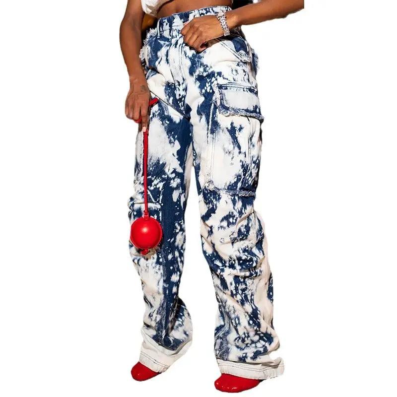 Washed tie-dye high-waist jeans with cargo pockets FLIPSTYLEZLLC on Tampa Home & Garden Store
