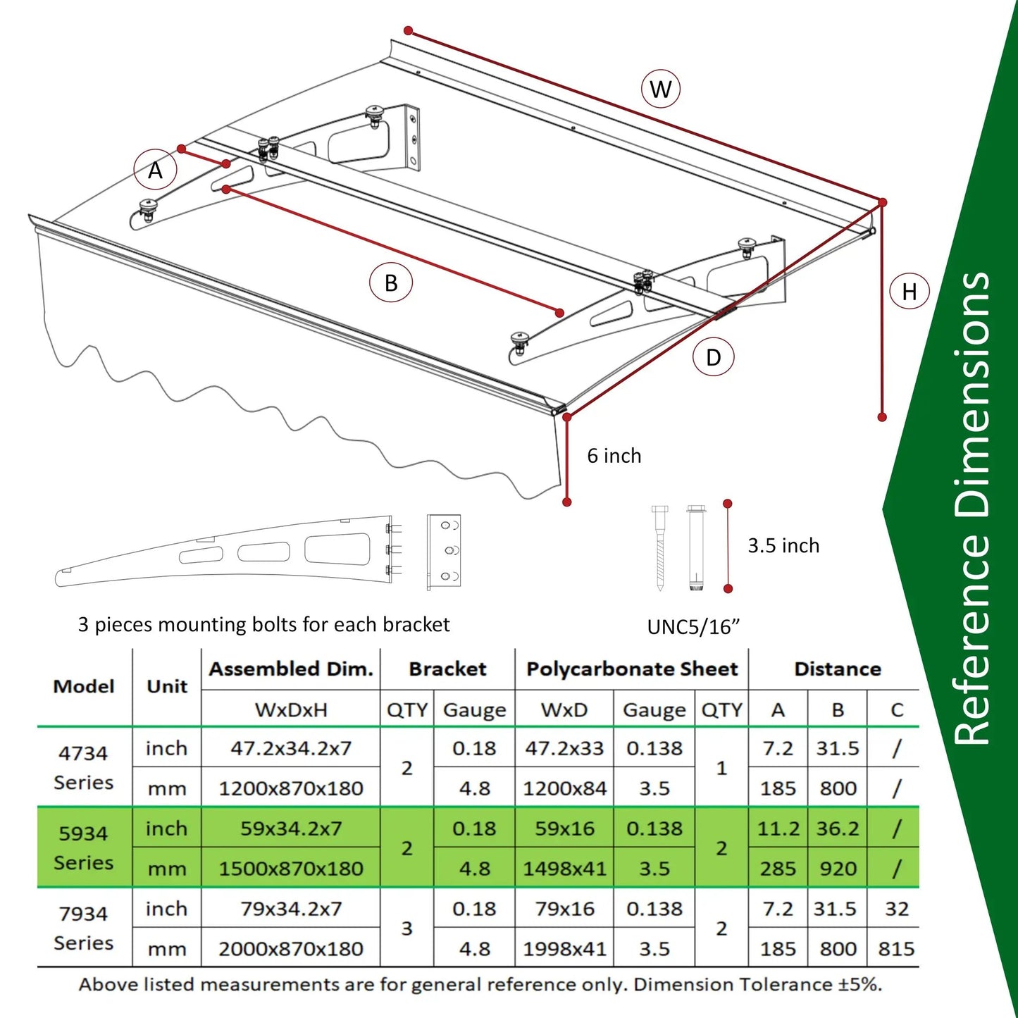 Auvent de porte et fenêtre série 5934W, L59"xP34", en feuille de polycarbonate solide et virtuellement cristalline de 0,137 pouce / 3,5 mm d'épaisseur