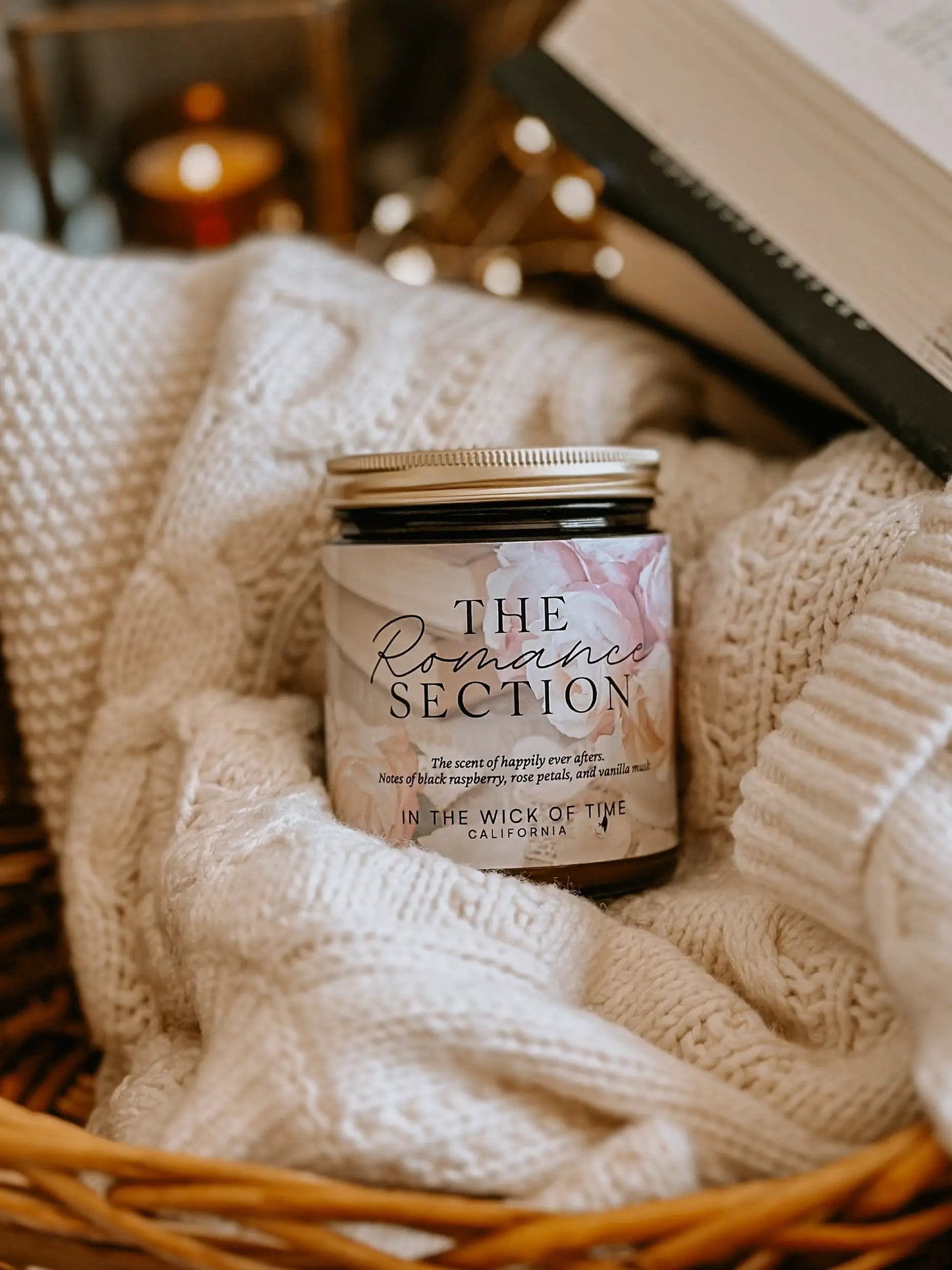 Romance Section Candle with rose petals in a glass jar by In the Wick of Time, metal lid on Tampa Home & Garden Store