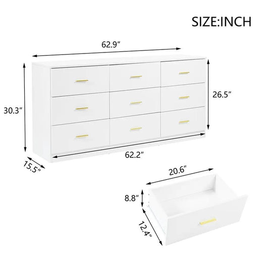 Modern white nine-drawer dresser for bedroom with brass handles by VIP Digital Presence on Tampa Home & Garden Store