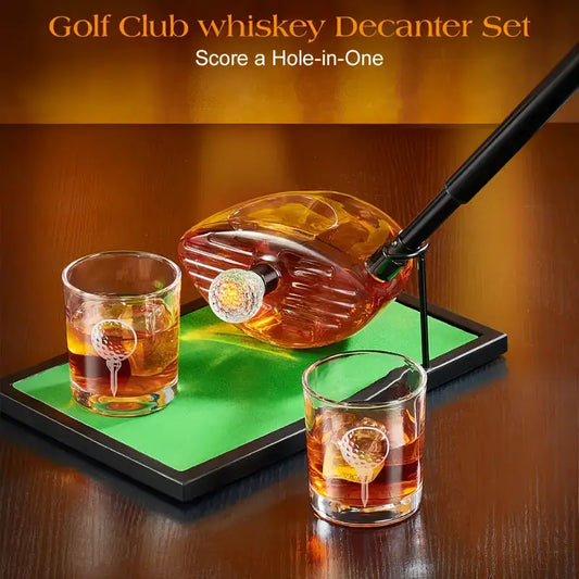 Golf Ball whiskey decanter set with two glasses, amber decanter and golf-ball logos by The Whiskey Ball on Tampa Home & Garden Store