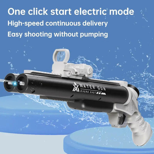 Double Tube Electric Water Gun blaster with black dual barrels and white grip by VIP Digital Presence on Tampa Home & Garden Store