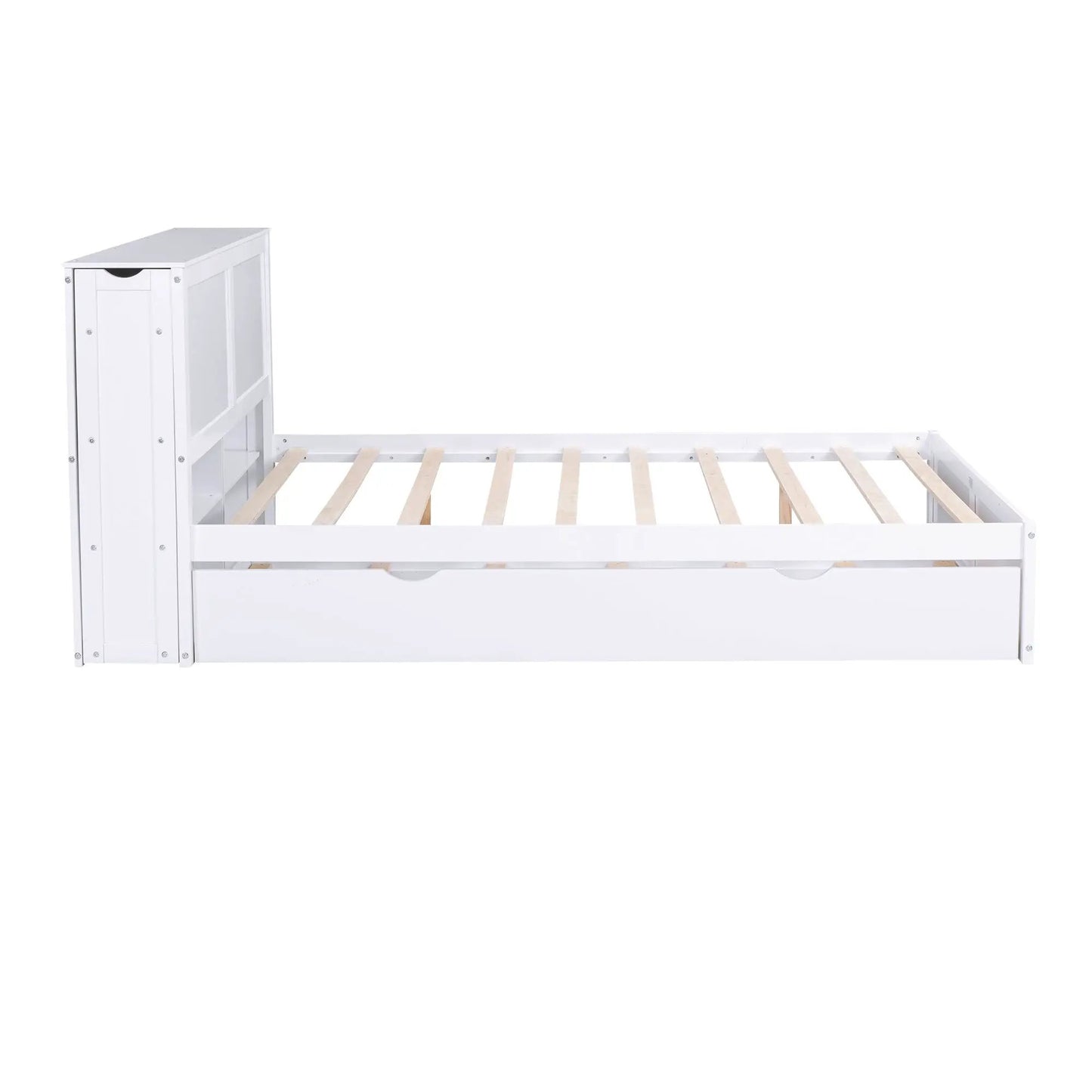 White queen storage bed with built-in headboard cabinet and side shelves, slatted frame on Tampa Home & Garden Store