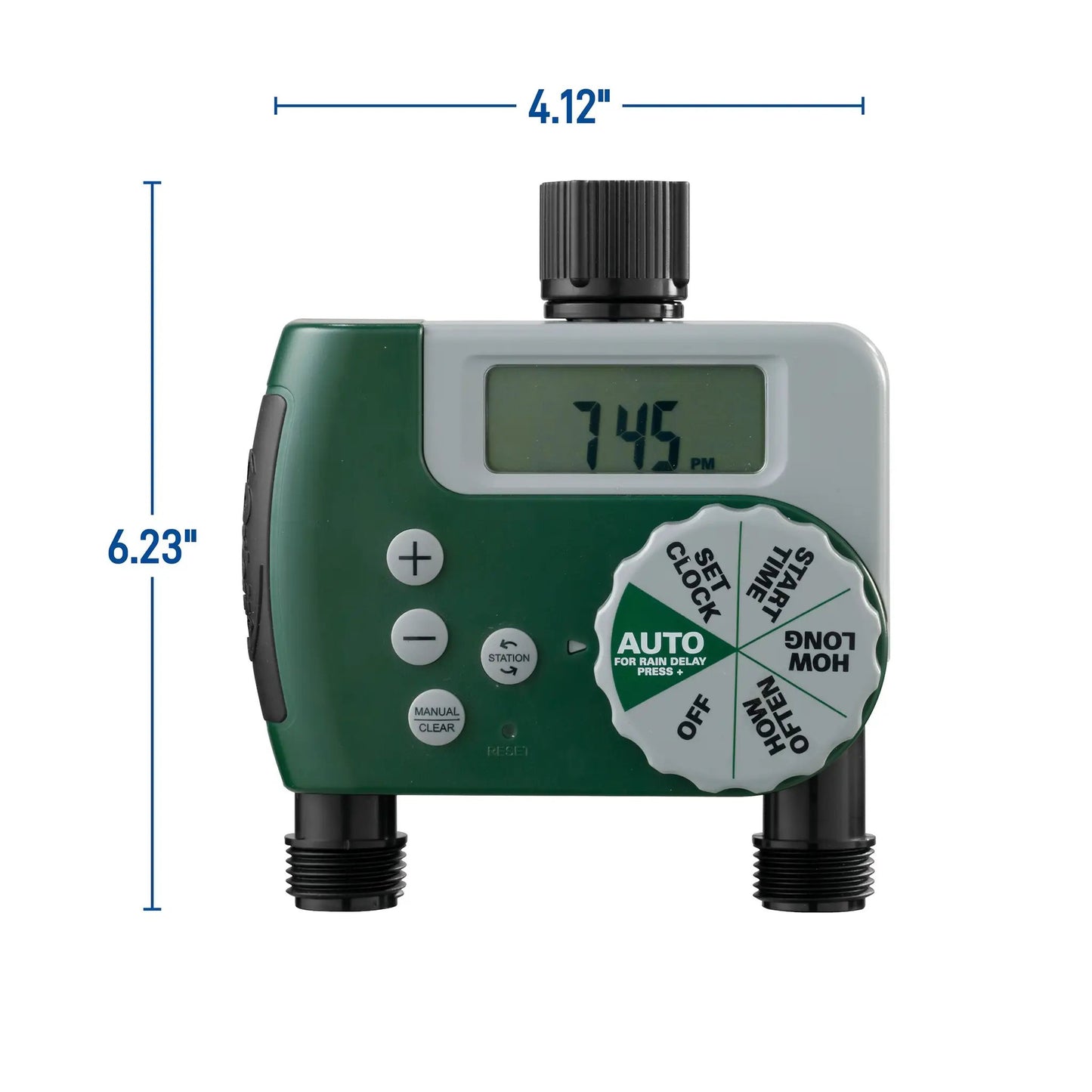 Digital hose timer with 2 outlets by Orbit Irrigation; green timer with dual hose outlets on Tampa Home & Garden Store