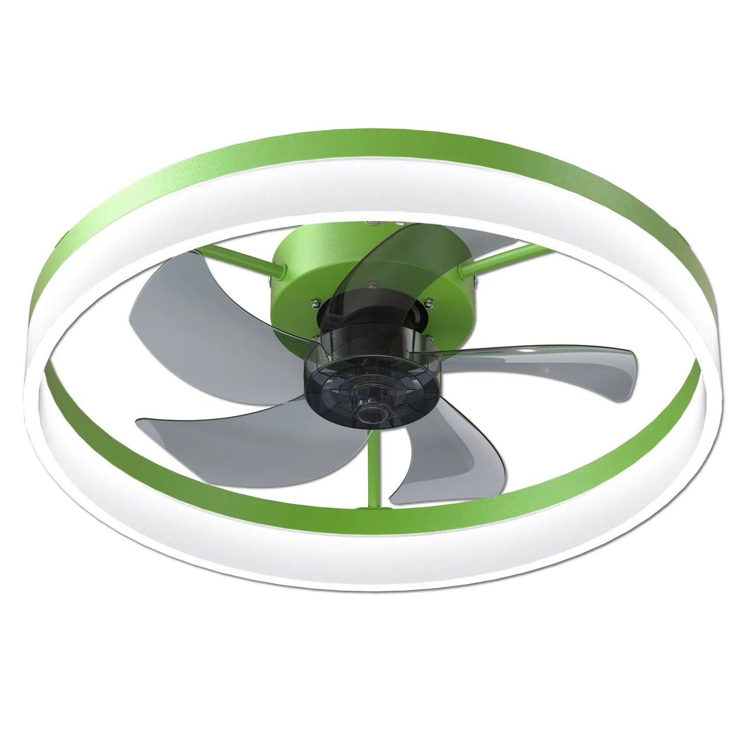 Green ceiling fan with four gray blades and integrated light dome, dimmable LED on Tampa Home & Garden Store