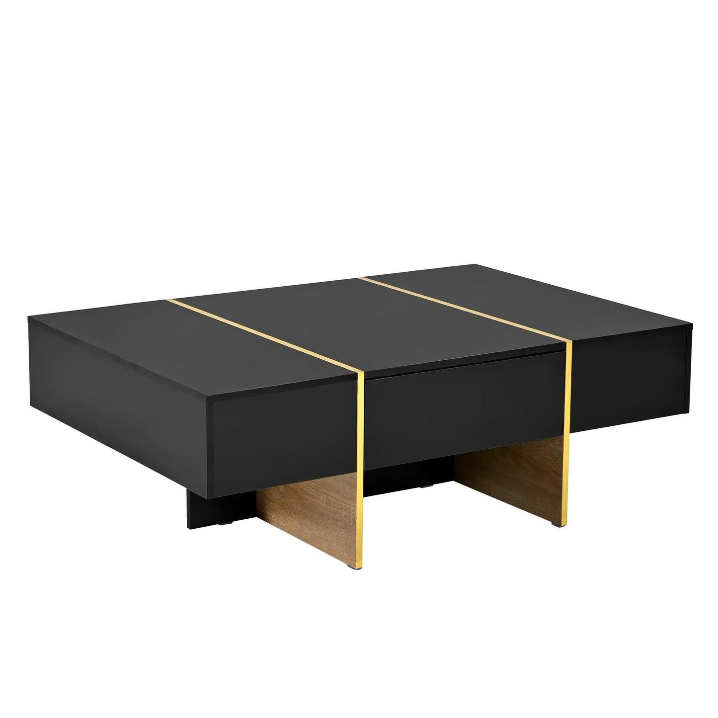 ON-TRANS Table basse rectangulaire multifonctionnelle de 120 x 80 cm avec 2 tiroirs et pieds en grain de bois doré, noire