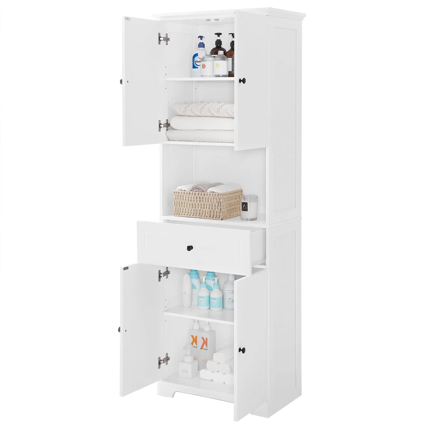 Tall white bathroom cabinet with four doors, open to reveal towels and bottles on Tampa Home & Garden Store