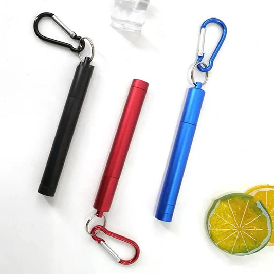 3 telescopic stainless steel straws with carabiner keychains in black red blue portable set on Tampa Home & Garden Store