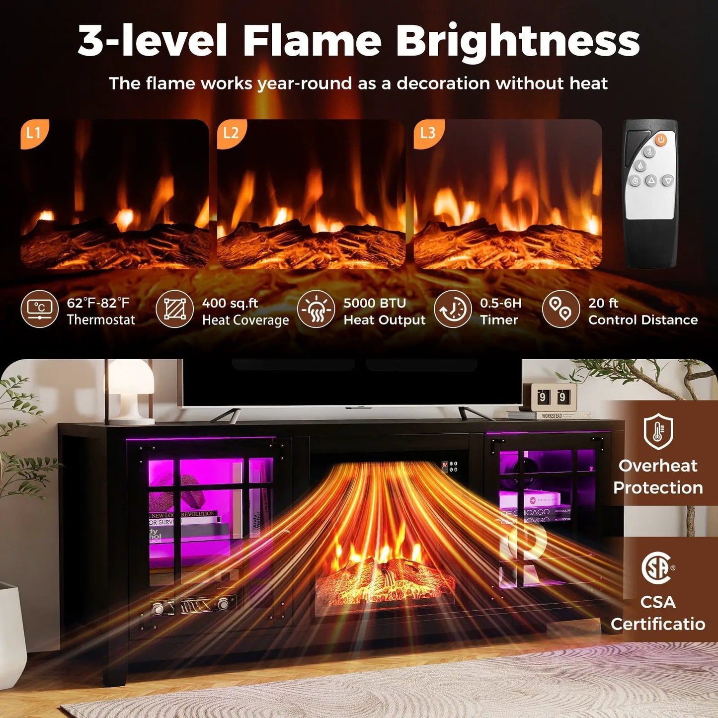 58-Inch Fireplace TV Stand with LED Lights by DirectDeals, black wood, electric fireplace on Tampa Home & Garden Store