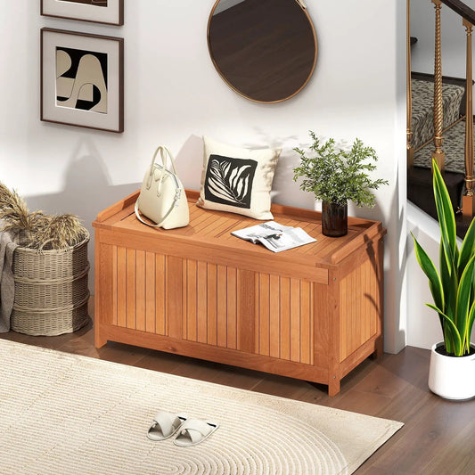 58 Gallon Patio Wood Deck Box with flip-top lid, slat storage bench, handbag & pillow on top on Tampa Home & Garden Store