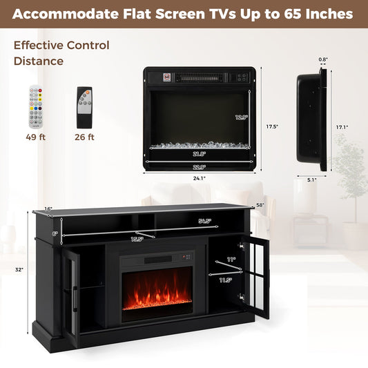 58 Inch Fireplace TV Stand with LED Lights with Storage Cabinets and Glass Doors - Tampa Home & Garden Store