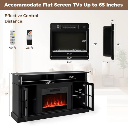 58-Inch black fireplace TV stand with LED lights and storage cabinets by DirectDeals on Tampa Home & Garden Store