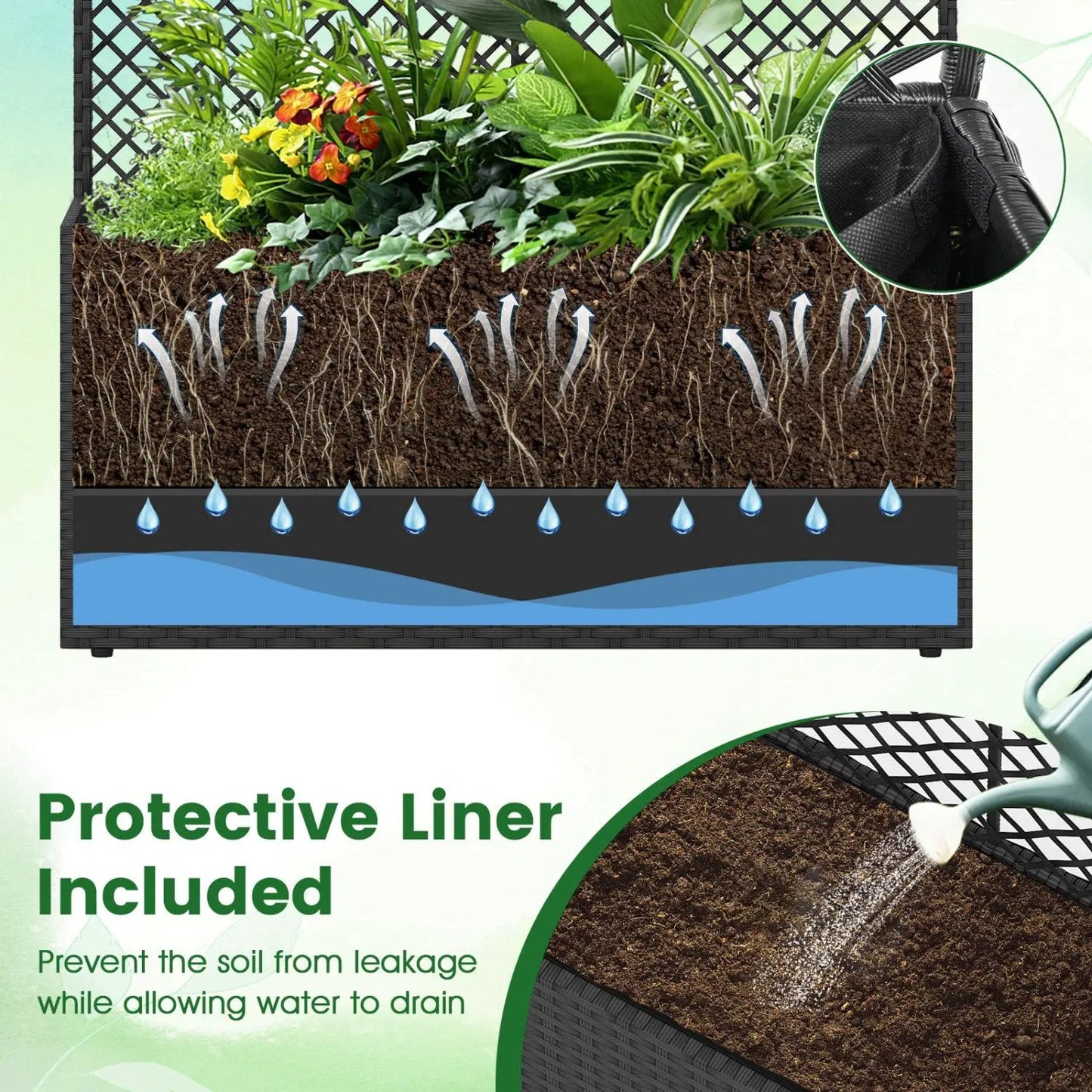 58 Inch Raised Garden Bed with Trellis and Box by DirectDeals, wicker-style frame with plants on Tampa Home & Garden Store